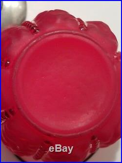 Beaded Drape Cranberry Red Satin Glass Victorian Biscuit Jar, Bail Handle w Lid