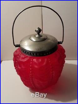 Beaded Drape Cranberry Red Satin Glass Victorian Biscuit Jar, Bail Handle w Lid