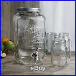 Beverage Water Dispenser 2 Gallon 4 Mason Jars Mug Ice Tea Drink Clear Glass New