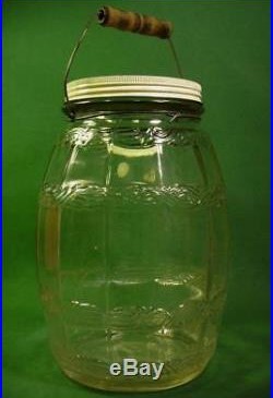 Big Vintage Antique Country Store Pickle Barrel Glass Jar With LID & Bail Handle