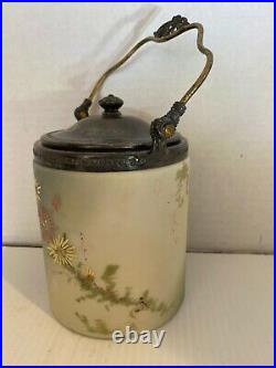 Biscuit Jar Mt Washington Hand Painted Numbered 3918/825 Floral Silver Lid Handl