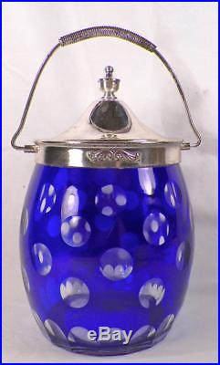 Blue Bohemian Glass Biscuit Jar Cracker Silverplate Lid Handle Cut Glass Vintage