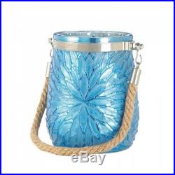 Blue Glass Jar Candleholder with Flower Design & Rope Handle 6 Lot NIB
