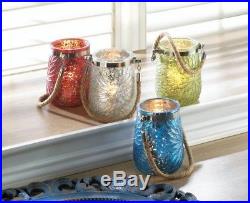 Blue Glass Jar Candleholder with Flower Design & Rope Handle 6 Lot NIB