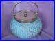 Blue Satin Glass Ribbed Peloton Biscuit/cracker Jar With Silver Plate LID And Ha