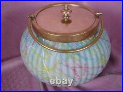 Blue Satin Glass Ribbed Peloton Biscuit/cracker Jar With Silver Plate LID And Ha