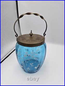 Bohemian Blue Enamel Glass Biscuit Cracker Jar Victorian