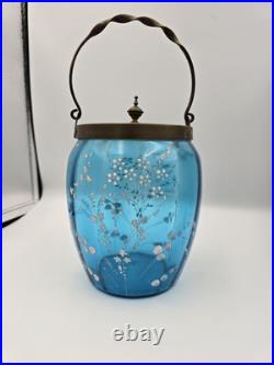 Bohemian Blue Enamel Glass Biscuit Cracker Jar Victorian