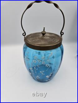 Bohemian Blue Enamel Glass Biscuit Cracker Jar Victorian