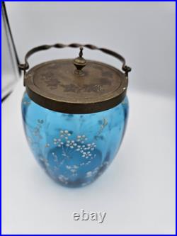 Bohemian Blue Enamel Glass Biscuit Cracker Jar Victorian