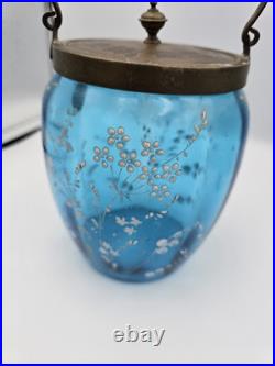 Bohemian Blue Enamel Glass Biscuit Cracker Jar Victorian