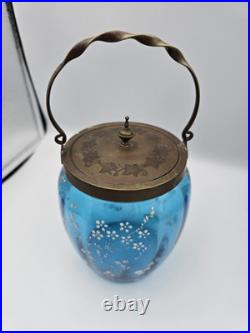 Bohemian Blue Enamel Glass Biscuit Cracker Jar Victorian