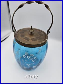 Bohemian Blue Enamel Glass Biscuit Cracker Jar Victorian