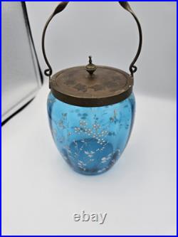 Bohemian Blue Enamel Glass Biscuit Cracker Jar Victorian