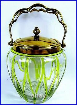 Bohemian Czech Art Glass Yellow Overlay Art Nouveau Brass Handle 7 Biscuit Jar