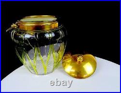 Bohemian Czech Art Glass Yellow Overlay Art Nouveau Brass Handle 7 Biscuit Jar