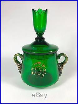 Bohemian Green Glass Jar with Tall Finial Candlestick Lid, Two Reeded Handles