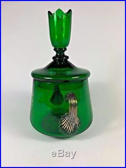 Bohemian Green Glass Jar with Tall Finial Candlestick Lid, Two Reeded Handles