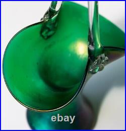 Bohemian Loetz Green Iridescent Art Nouveau Glass Handle Vase Basket