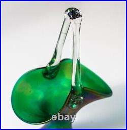 Bohemian Loetz Green Iridescent Art Nouveau Glass Handle Vase Basket