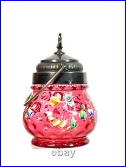 Bohemian Moser Harrach Coin Dot Cranberry Glass Painted Floral Biscuit Jar