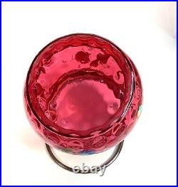 Bohemian Moser Harrach Coin Dot Cranberry Glass Painted Floral Biscuit Jar