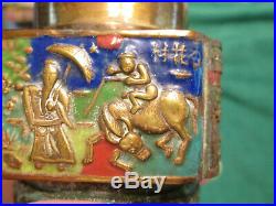 Brass & Enamel lidded Jar with People scenes Green Glass Handle China 4 1/2
