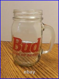 Bud King of Beers Mason Jar Mugs Cups Clear Handle Set of 4 Vintage NEW 16 OZ