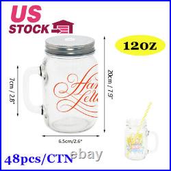 Bundle 48 Packs 12oz Sublimation Clear Glass Mason mug with Handle, Lids & Straw