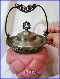 CONSOLIDATED Antique PINK SATIN GLASS QUILTED Biscuit Jar with Lid Rare Beauty