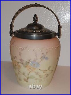 CROWN MILANO 19th Century Antique PINK OPAL Floral GLASS JAR withSilverplate LID