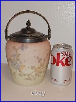 CROWN MILANO 19th Century Antique PINK OPAL Floral GLASS JAR withSilverplate LID
