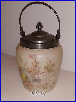 CROWN MILANO 19th Century Antique WHITE OPAL Floral GLASS JAR withSilverplate Lid