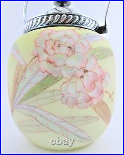 CROWN MILANO Pink PEONIES Antique Mt. Washington art glass BISCUIT cracker JAR