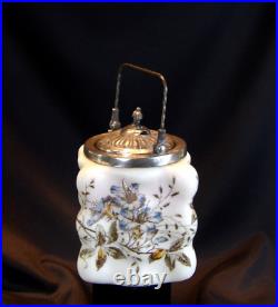 C. F. Monroe Wavecrest Handled Biscuit Jar Barrel Egg Crate Shape Floral Motif