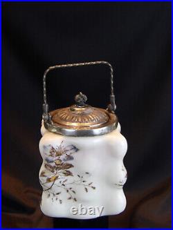 C. F. Monroe Wavecrest Handled Biscuit Jar Barrel Egg Crate Shape Floral Motif