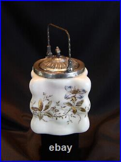 C. F. Monroe Wavecrest Handled Biscuit Jar Barrel Egg Crate Shape Floral Motif