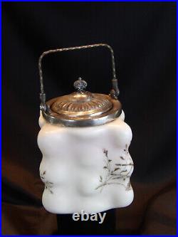 C. F. Monroe Wavecrest Handled Biscuit Jar Barrel Egg Crate Shape Floral Motif