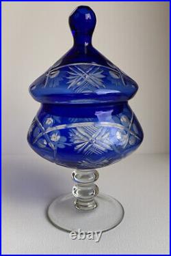 Caesar Crystal To Clear Cobalt Blue Bohemian Czech Glass with Lid Vintage 10
