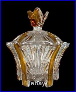 Caesar Czech Crystal Amber Enamel On Clear Bohemian Vintage Candy Jar 6 Tall