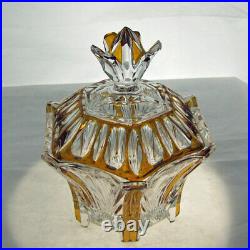 Caesar Czech Crystal Amber Enamel On Clear Bohemian Vintage Powder Jar