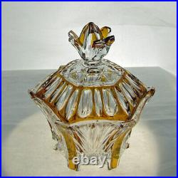 Caesar Czech Crystal Amber Enamel On Clear Bohemian Vintage Powder Jar