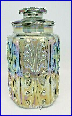 Carnival Glass Blue Iridescent Embossed Canister Rainbow Cookie Jar Vintage