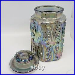 Carnival Glass Blue Iridescent Embossed Canister Rainbow Cookie Jar Vintage