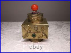 Chinese Brass Bats Tea Jar Box Caddy Peking Glass Cabochons + Stone Handle