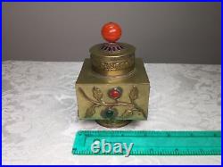 Chinese Brass Bats Tea Jar Box Caddy Peking Glass Cabochons + Stone Handle