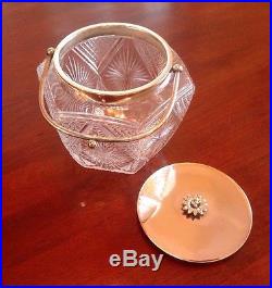 Clear Cut Glass Crystal Biscuit Barrel Jar Silverplated Lid Handle & Flower Knob