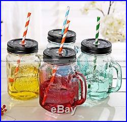 Colour Mason Glass Drinking Jar with Handle & Straw 500ML Retro Vintage