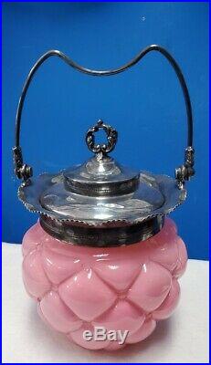 Consalidated Victorian Antique Pink Satin Quilted Bisquit Jar with lid & handle