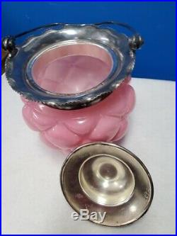 Consalidated Victorian Antique Pink Satin Quilted Bisquit Jar with lid & handle